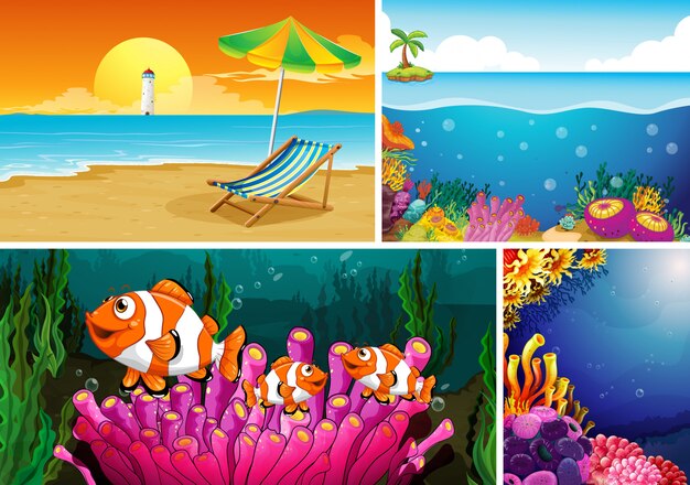 Free vector four different scene of tropical beach and underwater with sea creater cartoon style