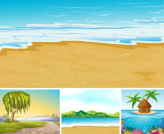 Vettore gratuito quattro diverse scene di spiaggia tropicale con stile cartoon creater del mare