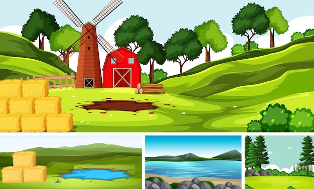 Бесплатное векторное изображение Четыре разных сцены на природе в мультяшном стиле