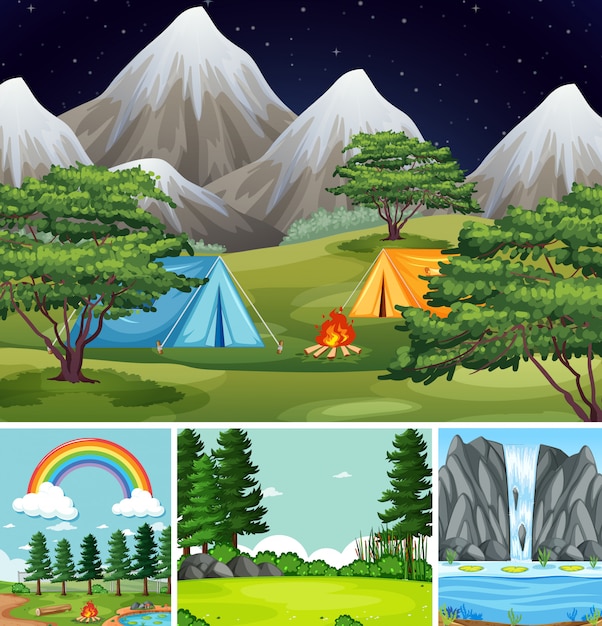 Four different scenes in nature setting cartoon style