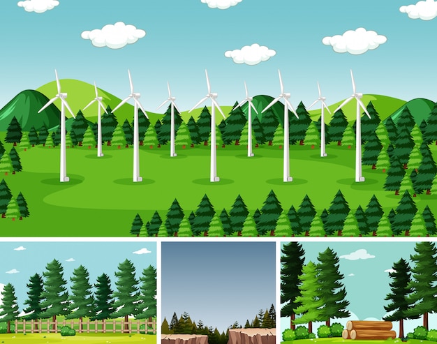 Four different scenes in nature setting cartoon style