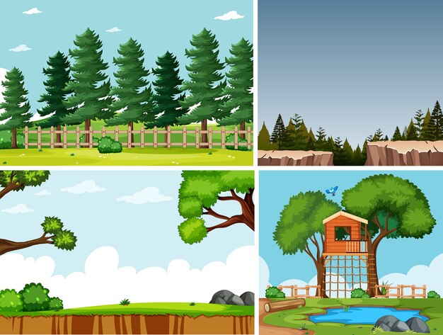 Four different scenes in nature setting cartoon style