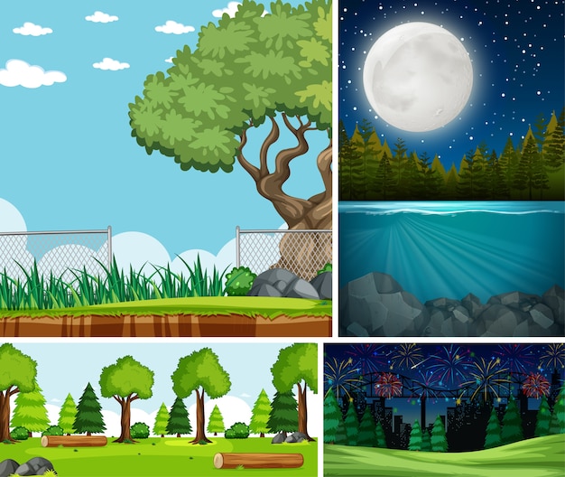 Four different scenes in nature setting cartoon style