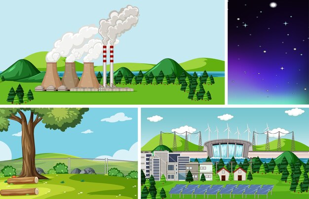 Four different scenes in nature setting cartoon style