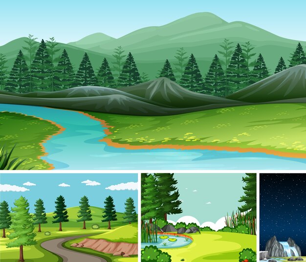 Four different scenes in nature setting cartoon style