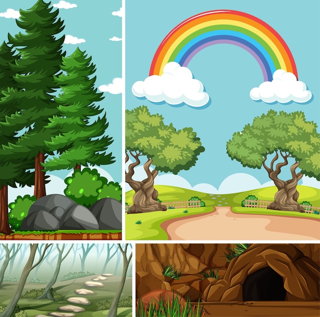 Four different scenes in nature setting cartoon style