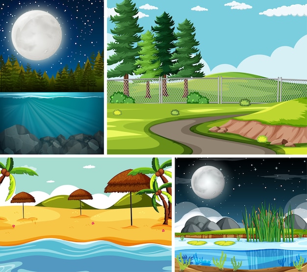 Free vector four different scenes in nature setting