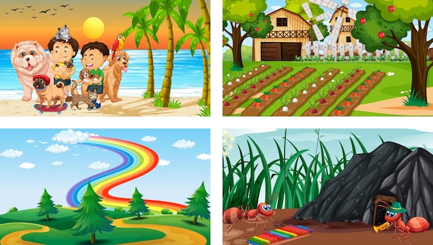 Four different scenes with children cartoon character