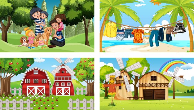 Four different scenes with children cartoon character