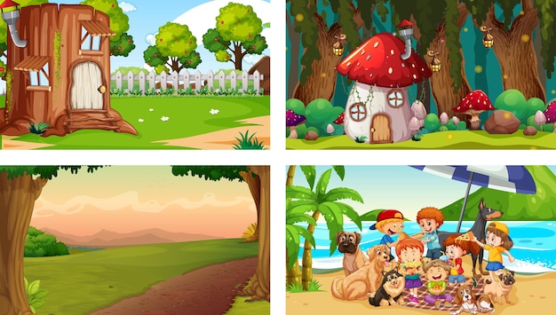 어린이 만화 캐릭터와 함께 4개의 다른 장면