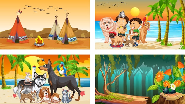 Free Vector | Four different scenes with children cartoon character Free Vector | Four different scenes with children cartoon character