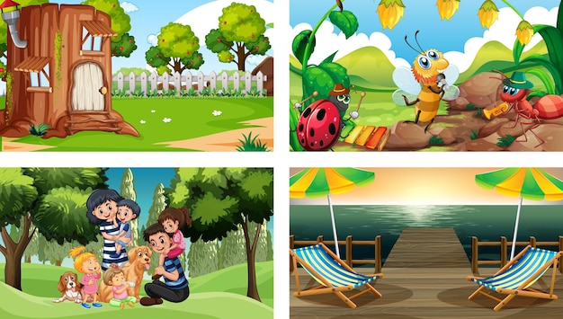 Four different scenes with children cartoon character