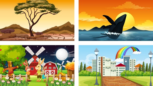 Four different scenes with various animals cartoon character