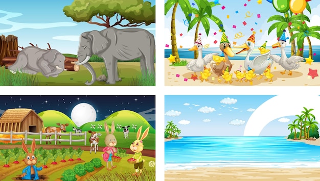 Quattro scene diverse con vari personaggi dei cartoni animati di animali