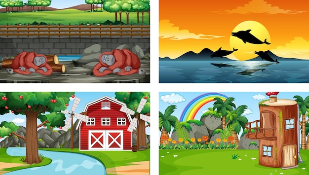 다양한 동물 만화 캐릭터가 있는 4개의 다른 장면