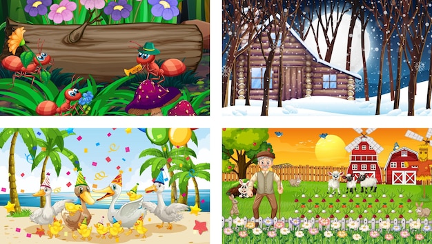 Four different scenes with various animals cartoon character