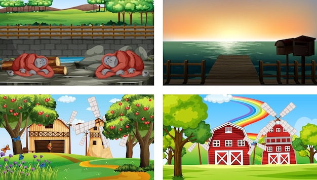 Four different scenes with various animals cartoon character