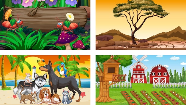 さまざまな動物の漫画のキャラクターと4つの異なるシーン