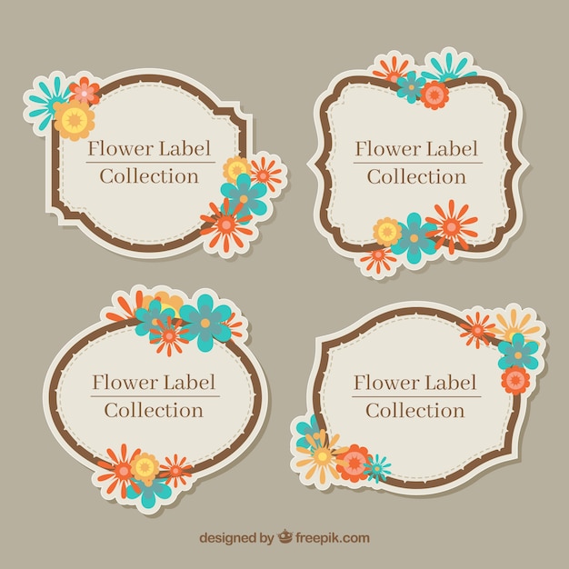 Free vector four flat stickers with colored flowers