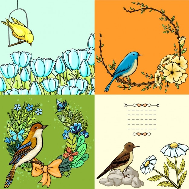 Free vector four floral cards with birds