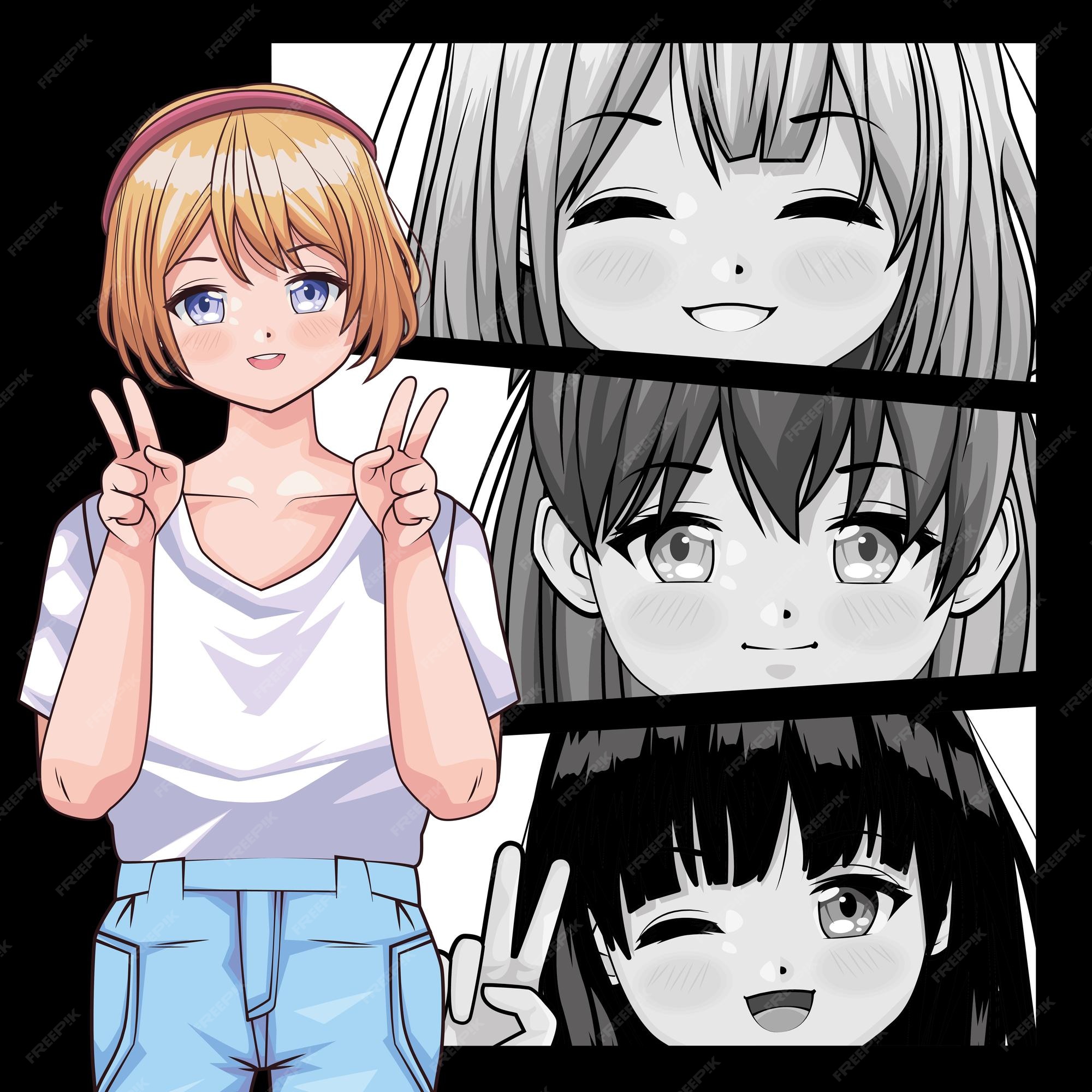 Set Of Four Anime Icons With Girls Stock Illustration - Download