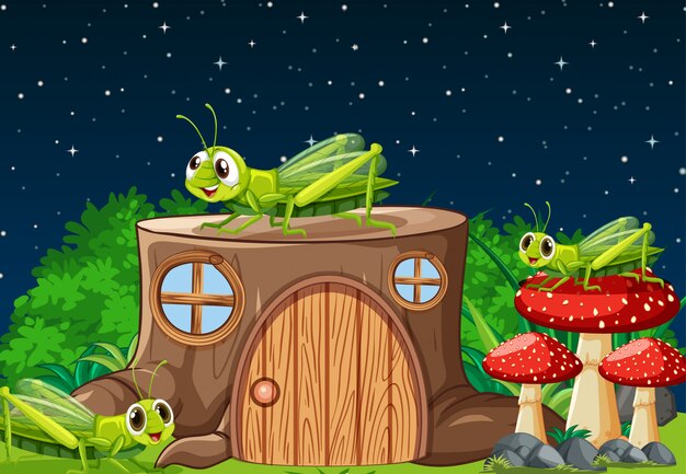 Four grasshoper living in the garden scene at night with stump house