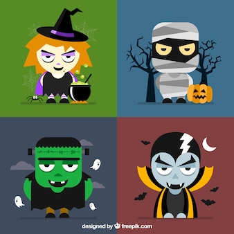 Quattro personaggi di halloween su diversi sfondi