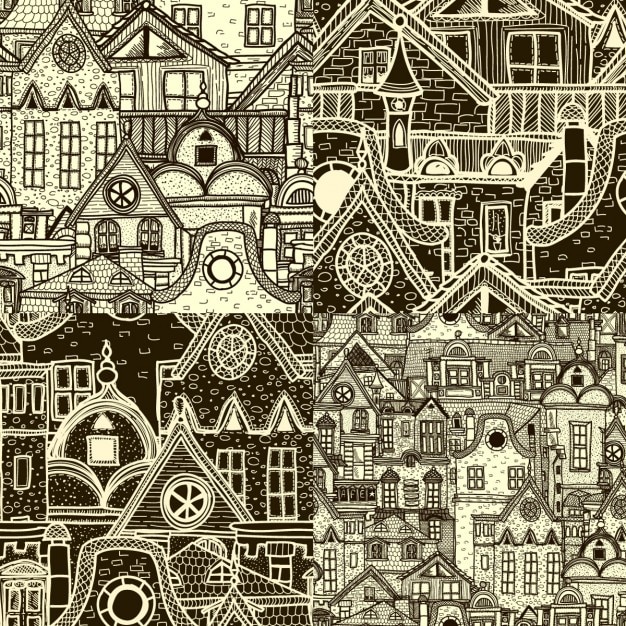 Free vector four hand drawn city patterns