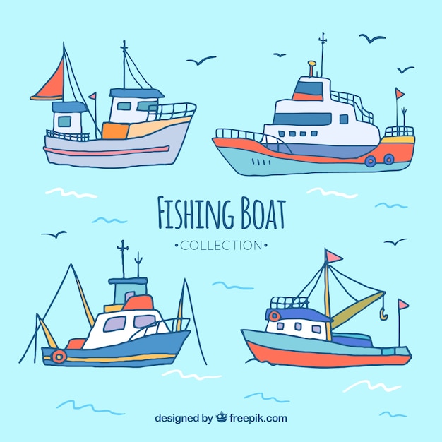 Free vector four hand-drawn fishing boats