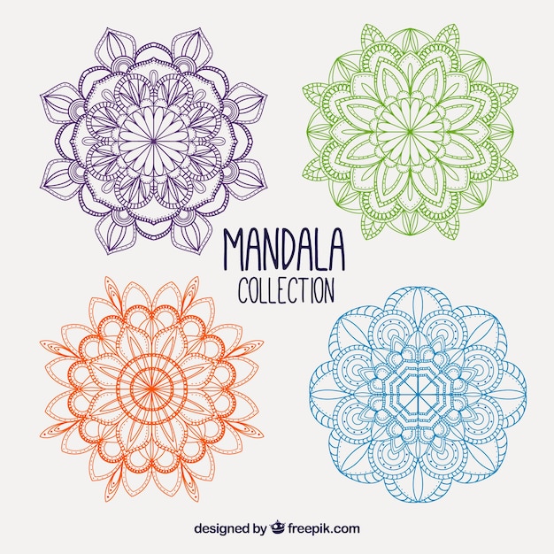 Vettore gratuito quattro mandala disegnati a mano di colori