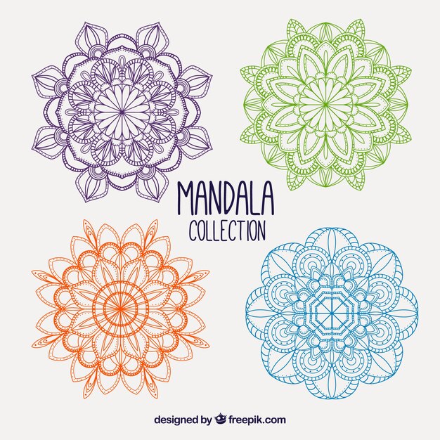 Four hand drawn mandalas of colors 