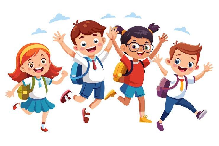 Four happy children in school uniforms jumping and waving with backpacks on a white background