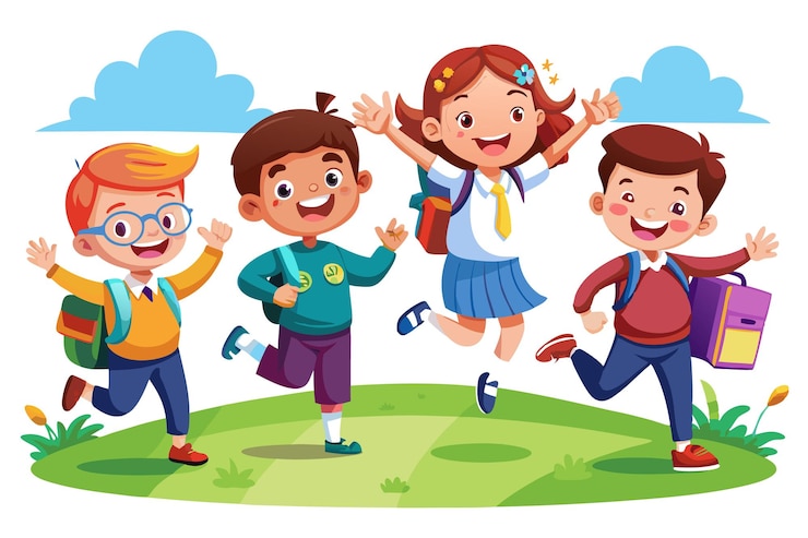 Four happy kids with backpacks on a green hill