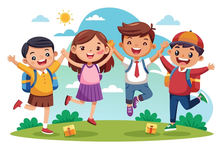 Four happy kids with backpacks and school supplies are jumping for joy in a field with blue sky and sunshine