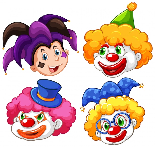 Четыре головы забавного клоуна на белом фоне