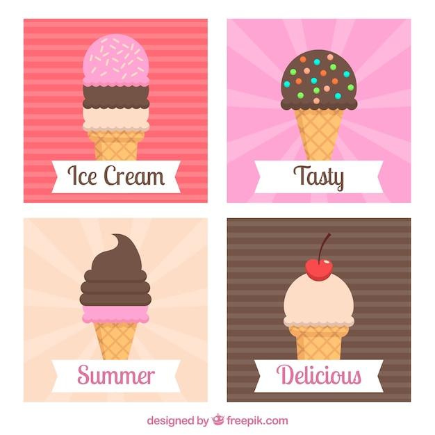 フラットデザインの4つのアイスクリームカード