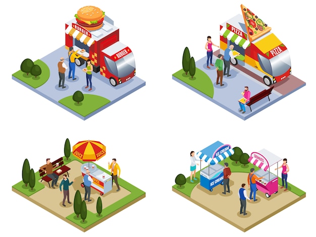 Free vector four isometric outdoors compositions with people near street food trucks delivering pizza burgers ice cream isolated vector illustration