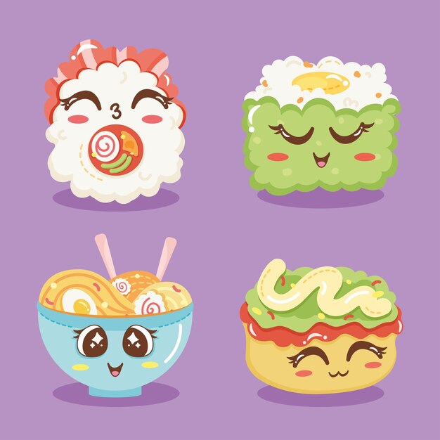 Four kawaii food characters