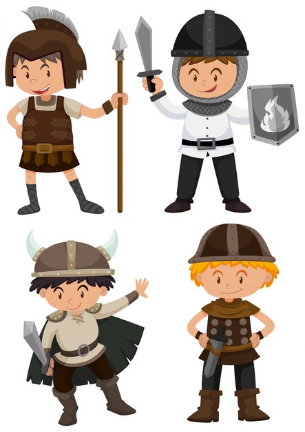 戦士の衣装で4人の子供
