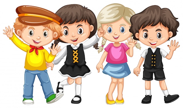 Free vector four kids waving hands