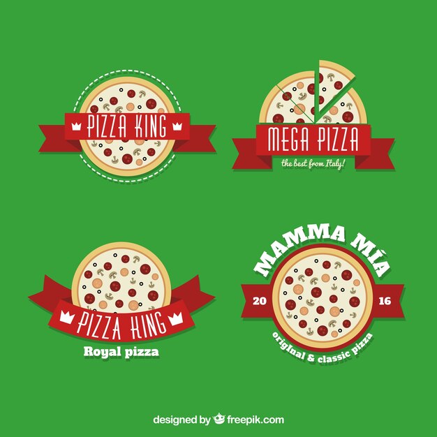 Four logos for pizza on a green background  