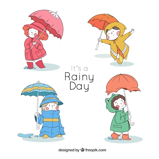 Four lovely kids with hand drawn umbrella