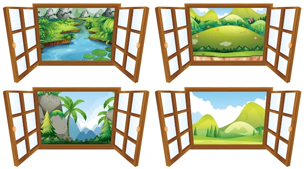 Four nature scenes from the window illustration