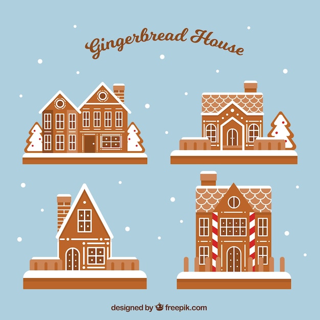 Four nice gingerbread houses on a blue background