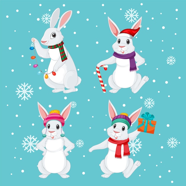 Free vector four rabbits in christmas theme