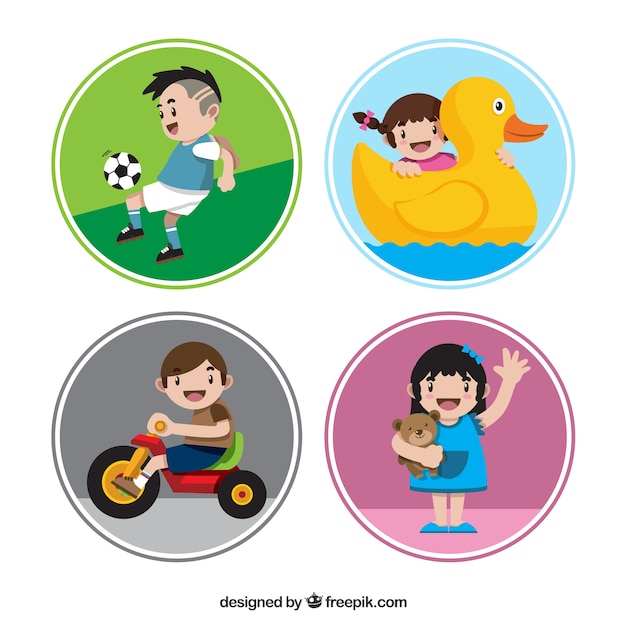 Four round stickers with smiling kids