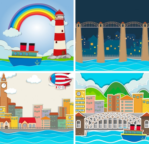 Free vector four scene of city and countryside