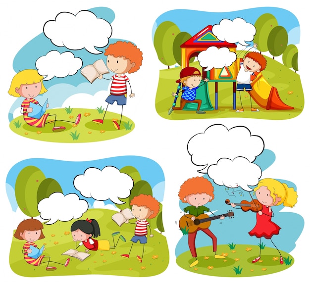 Four scenes of children doing activities in the park illustration