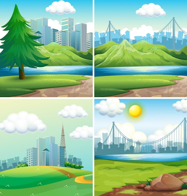 Free vector four scenes of cities and parks