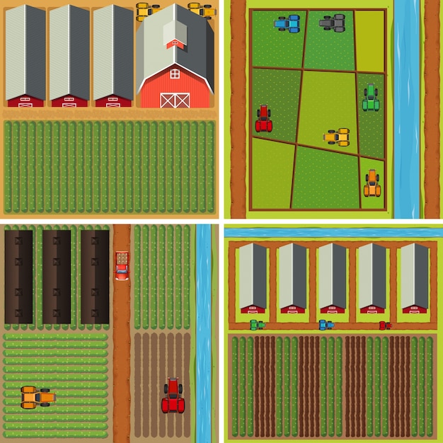 Free vector four scenes of farmyard from top view